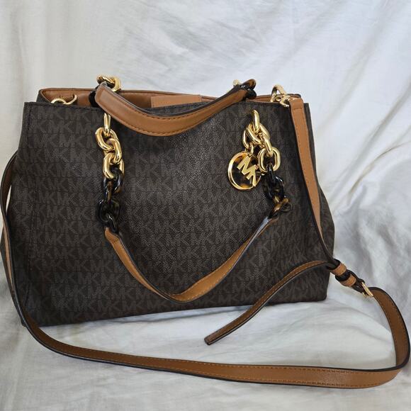 Michael Kors Cynthia Medium Satchel w/Crossbody Strap Tortoise Chain Link - Picture 1 of 15
